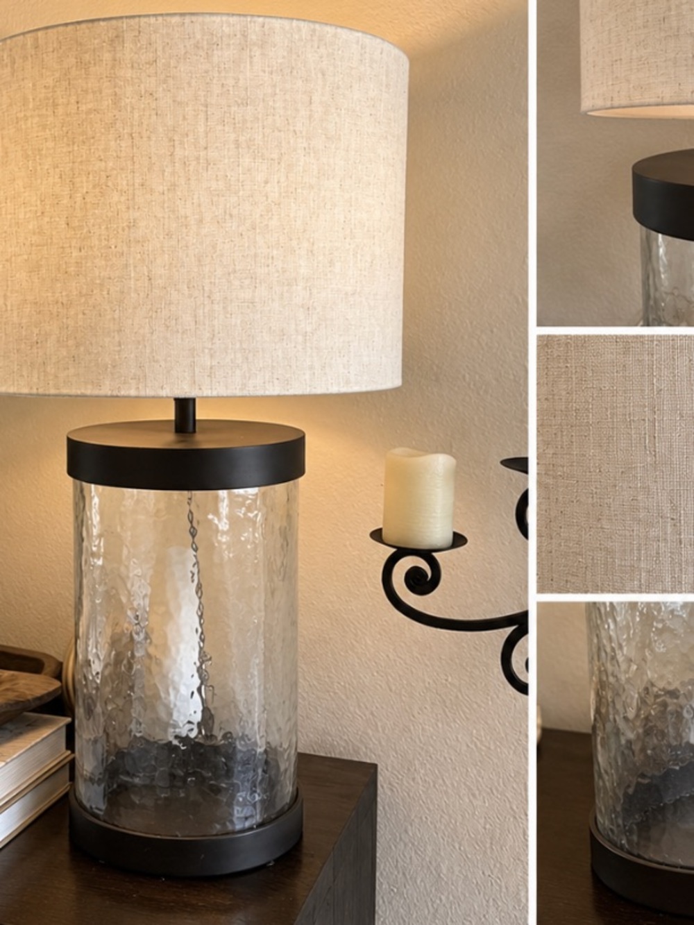 Pottery Barn Beige Linen Shade Table Lamp with Clear Hammered Glass